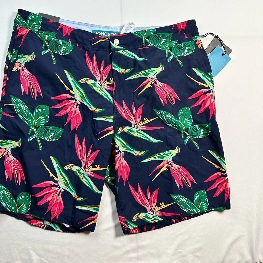 NWT Bonobos Men’s Navy Floral 9” Swim Board Shorts Trunks - Size 35